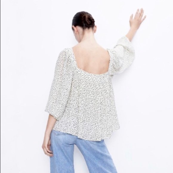 Zara Pleated Square Neck Puff Sleeve Blouse S - Picture 6 of 7